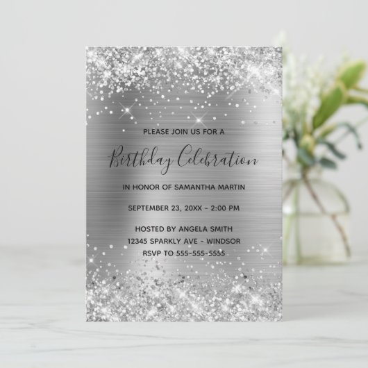 Glittery Silver Foil Birthday Celebration Kaart (Staand voorkant)