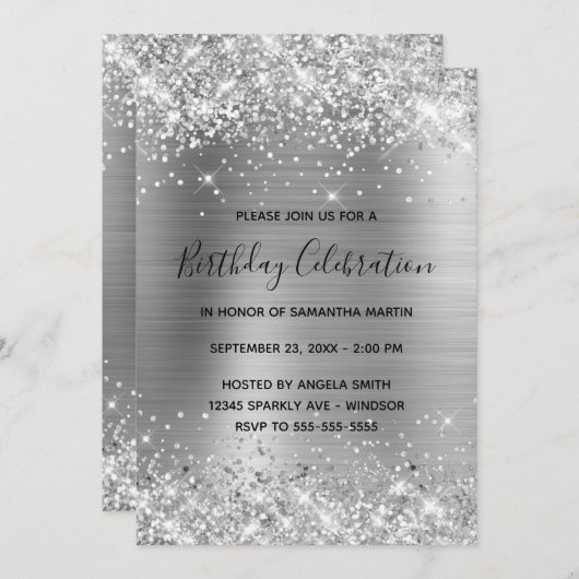 Glittery Silver Foil Birthday Celebration Kaart (Voorkant / Achterkant)