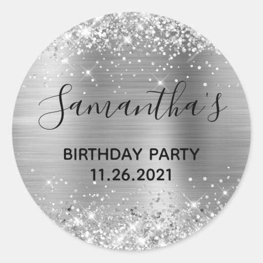 Glittery Silver Foil Birthday Party Ronde Sticker (Voorkant)
