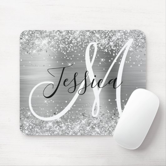 Glittery Silver Foil Black and White Monogram Muismat (Met muis)