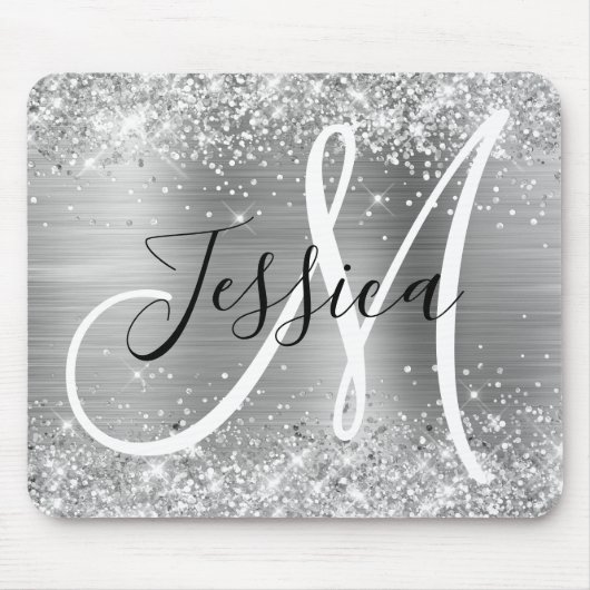 Glittery Silver Foil Black and White Monogram Muismat (Voorkant)