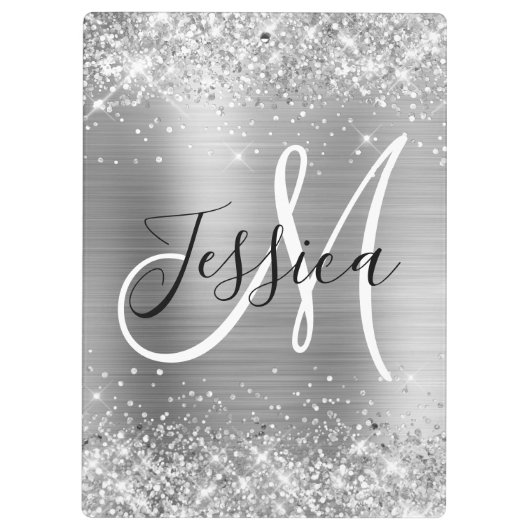 Glittery Silver Foil Black en White Monogram Klembord (Achterkant)