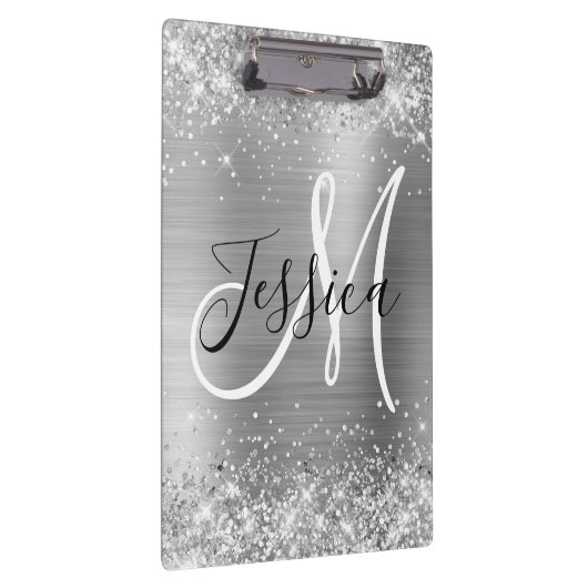 Glittery Silver Foil Black en White Monogram Klembord (Rechts)