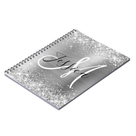 Glittery Silver Foil Black en White Monogram Notitieboek (Linkerzijde)