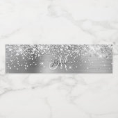 Glittery Silver Foil Black en White Monogram Waterfles Etiket (Enkel label)