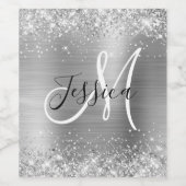 Glittery Silver Foil Black en White Monogram Wijn Etiket (Enkel label)