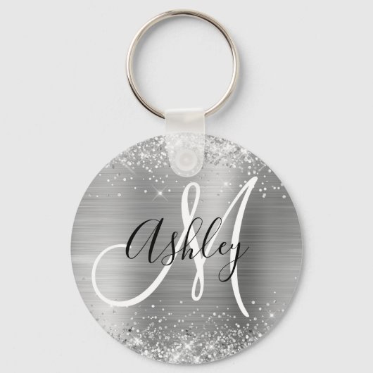 Glittery Silver Foil Black en White Monogramed Sleutelhanger (Voorkant)
