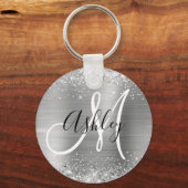 Glittery Silver Foil Black en White Monogramed Sleutelhanger (Voorkant)