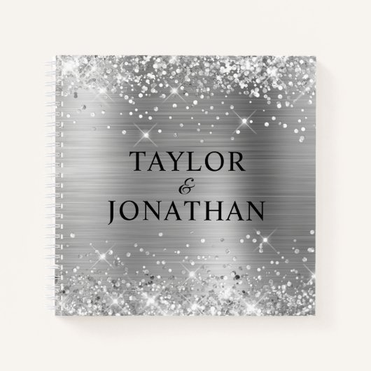 Glittery Silver Foil Bride & Groom Wedding Guest Notitieboek (Voorkant)