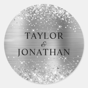 Glittery Silver Foil Bride & Groom Wedding Ronde Sticker