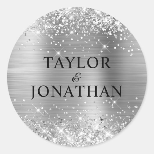 Glittery Silver Foil Bride & Groom Wedding Ronde Sticker (Voorkant)