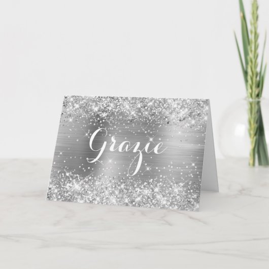 Glittery Silver Foil Classic Script Grazie Bedankkaart (Voorkant)