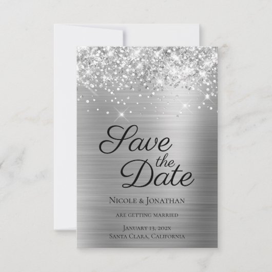 Glittery Silver Foil Elegant Calligraphy Save The Date (Voorkant)