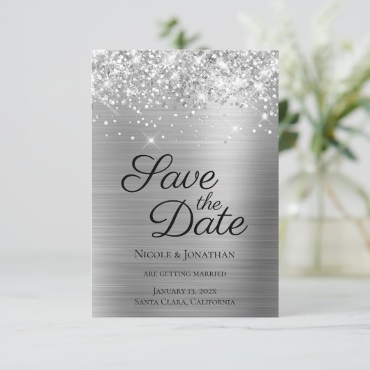 Glittery Silver Foil Elegant Calligraphy Save The Date (Staand voorkant)