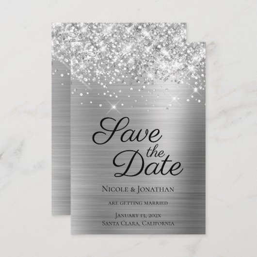 Glittery Silver Foil Elegant Calligraphy Save The Date (Voorkant / Achterkant)