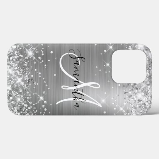 Glittery Silver Foil Elegant Monogram Case-Mate iPhone Case (Achterkant (horizontaal))