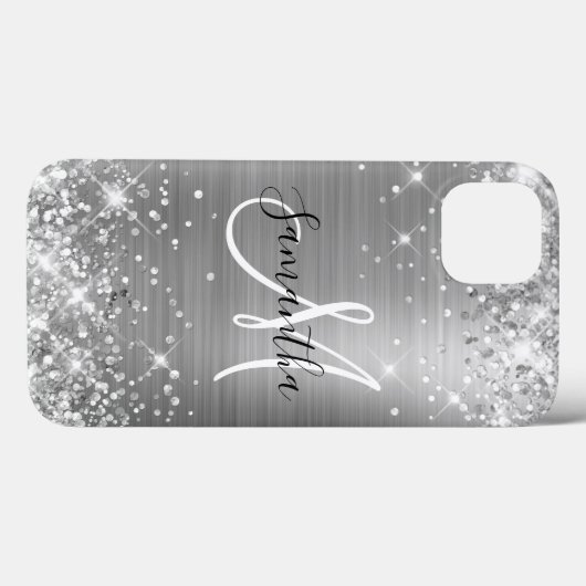 Glittery Silver Foil Elegant Monogram Case-Mate iPhone Case (Achterkant (horizontaal))