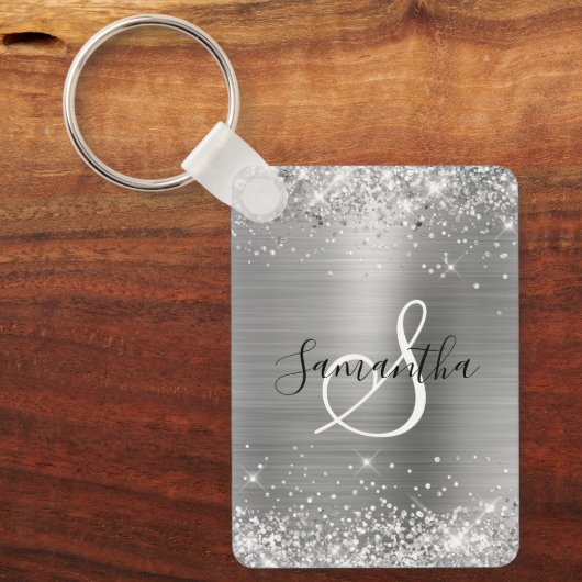 Glittery Silver Foil Elegant Monogrammed Sleutelhanger (Voorkant)