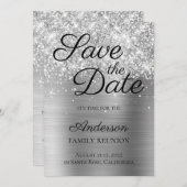 Glittery Silver Foil Family Reunion Save The Date (Voorkant / Achterkant)