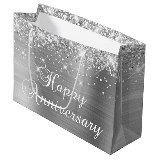 Glittery Silver Foil Fancy Happy Jubileum Groot Cadeauzakje (Voorkant Gekanteld)