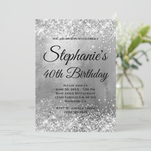 Glittery Silver Foil Fancy Monogram Birthday Kaart (Staand voorkant)