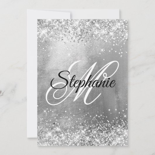 Glittery Silver Foil Fancy Monogram Birthday Kaart (Achterkant)