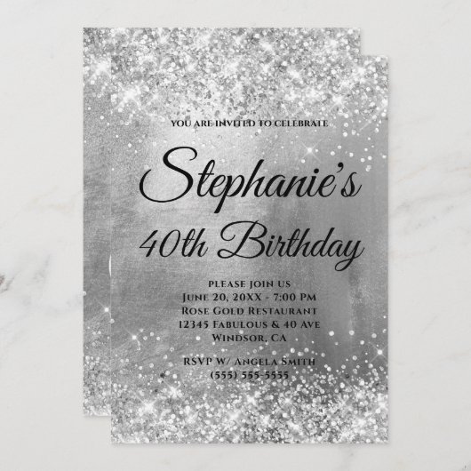 Glittery Silver Foil Fancy Monogram Birthday Kaart (Voorkant / Achterkant)