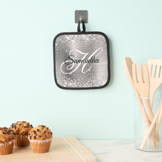 Glittery Silver Foil Fancy Monogram Pannenlap (Insitu(Ophanging))