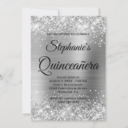Glittery Silver Foil Fancy Monogram Quinceañera Kaart (Voorkant)