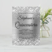 Glittery Silver Foil Fancy Monogram Quinceañera Kaart (Staand voorkant)