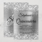 Glittery Silver Foil Fancy Monogram Quinceañera Kaart (Voorkant / Achterkant)