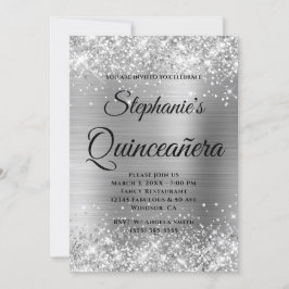 Glittery Silver Foil Fancy Monogram Quinceañera Kaart