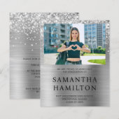 Glittery Silver Foil Foto Afstuderen Uitnodigen (Voorkant / Achterkant)