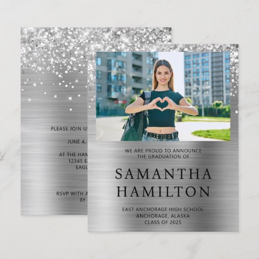 Glittery Silver Foil Foto Afstuderen Uitnodigen (Voorkant / Achterkant)