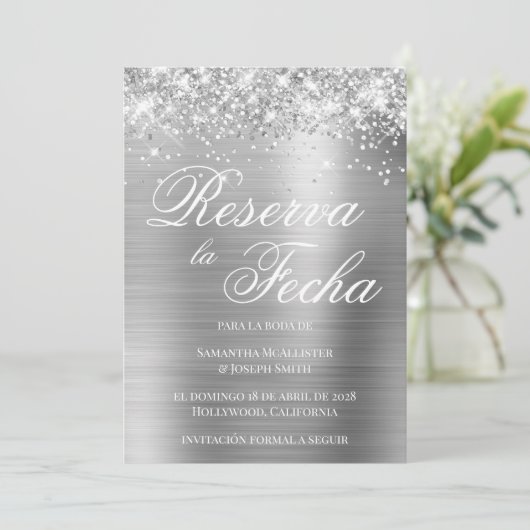 Glittery Silver Foil Foto Reserva La Fecha Kaart (Staand voorkant)