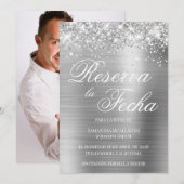 Glittery Silver Foil Foto Reserva La Fecha Kaart (Voorkant / Achterkant)