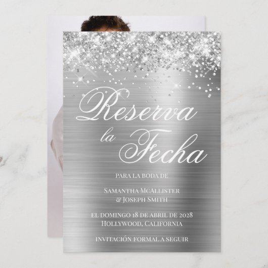 Glittery Silver Foil Foto Reserva La Fecha Kaart (Voorkant / Achterkant)