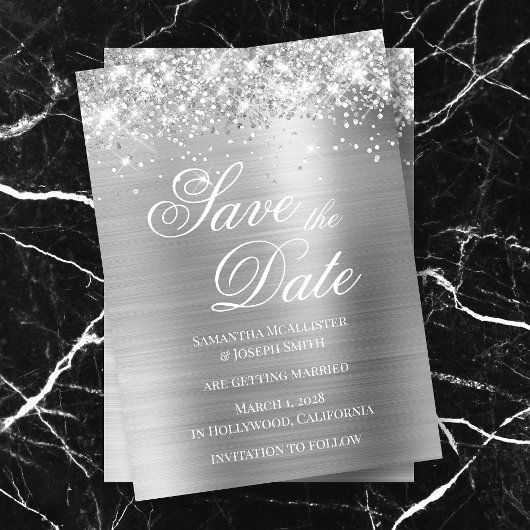 Glittery Silver Foil Foto Save the Date Kaart