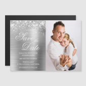 Glittery Silver Foil Foto Save the Date Magnetische Uitnodiging (Voorkant / Achterkant)