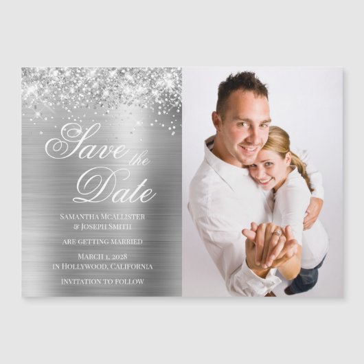 Glittery Silver Foil Foto Save the Date Magnetische Uitnodiging (Voorkant)
