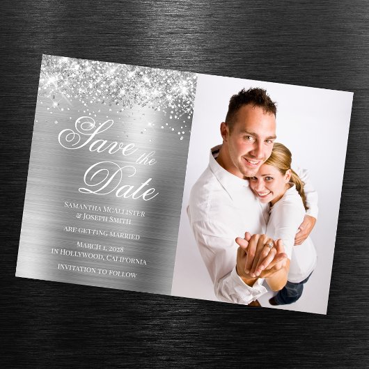 Glittery Silver Foil Foto Save the Date Magnetische Uitnodiging
