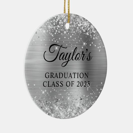 Glittery Silver Foil Graduation Keramisch Ornament (Rechts)