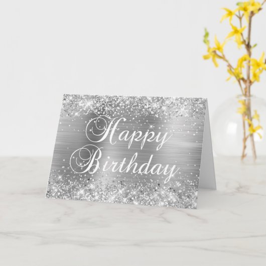Glittery Silver Foil Happy Birthday Kaart (Gele Bloem)