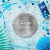 Glittery Silver Foil Happy Birthday Papieren Bordje (Feest)