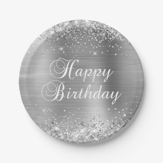 Glittery Silver Foil Happy Birthday Papieren Bordje (Voorkant)