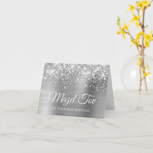 Glittery Silver Foil Mazel Tov op je tas Mitzvah Kaart (Gele Bloem)