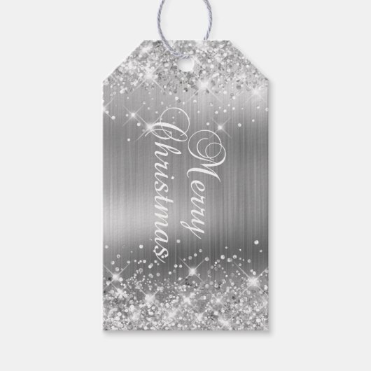 Glittery Silver Foil Merry kerst Cadeaulabel (Voorkant)