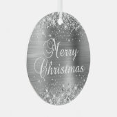 Glittery Silver Foil Merry kerst Metalen Ornament (Voorkant Rechts)