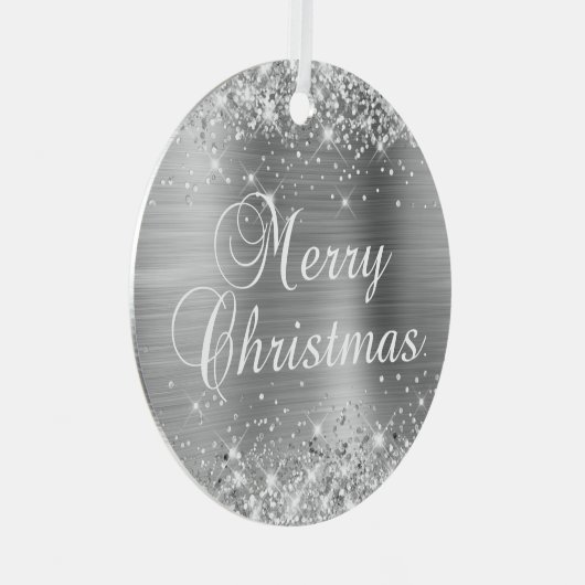 Glittery Silver Foil Merry kerst Metalen Ornament (Voorkant Rechts)