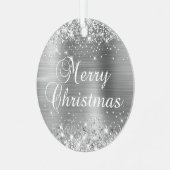 Glittery Silver Foil Merry kerst Metalen Ornament (Voorkant links)
